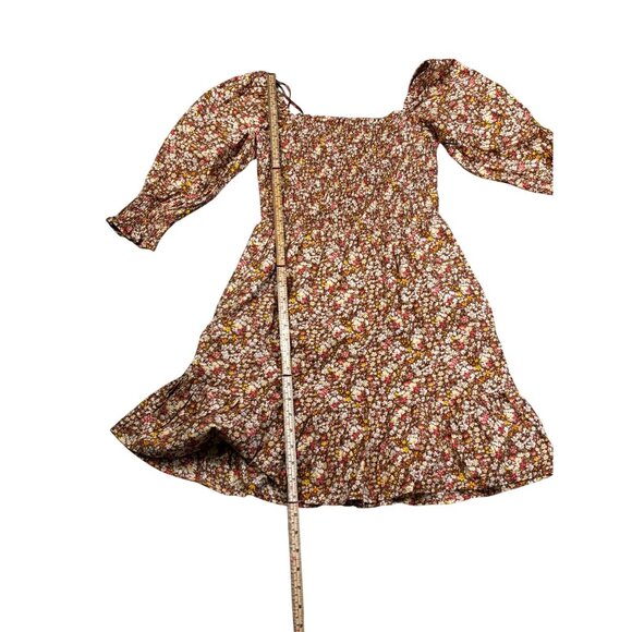 Sim & Sam Taupe Ditsy Floral Smocked Square Neck Long Sleeve Dress S - Picture 4 of 8
